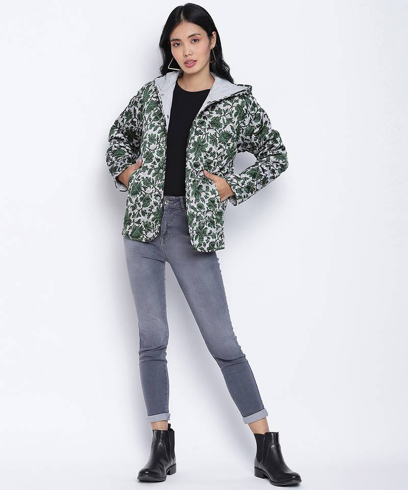 Glaring green floral print women Quilted Hooded jacket