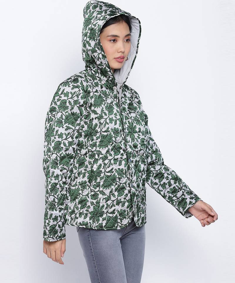 Glaring green floral print women Quilted Hooded jacket