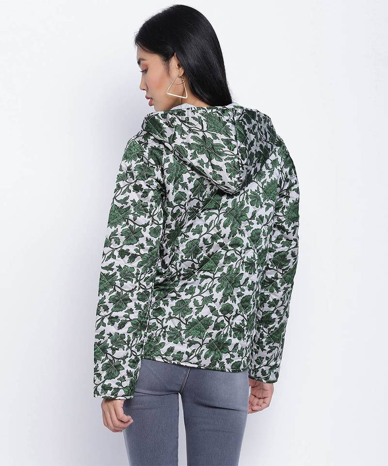 Glaring green floral print women Quilted Hooded jacket