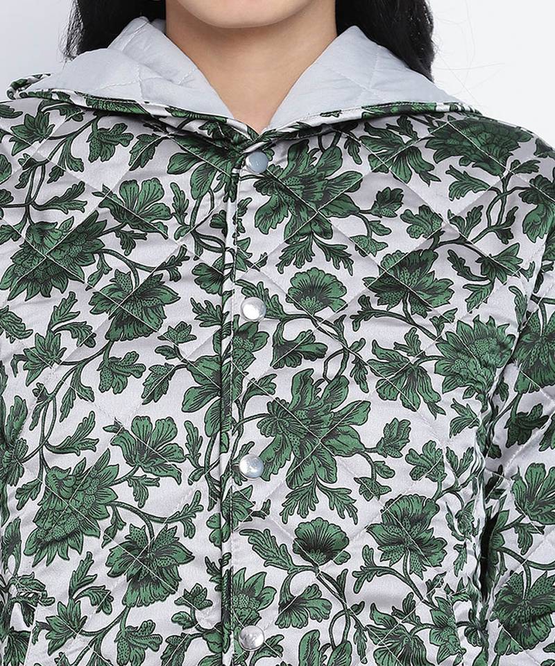 Glaring green floral print women Quilted Hooded jacket