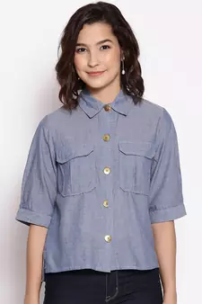 Royal pretty blue button down women top