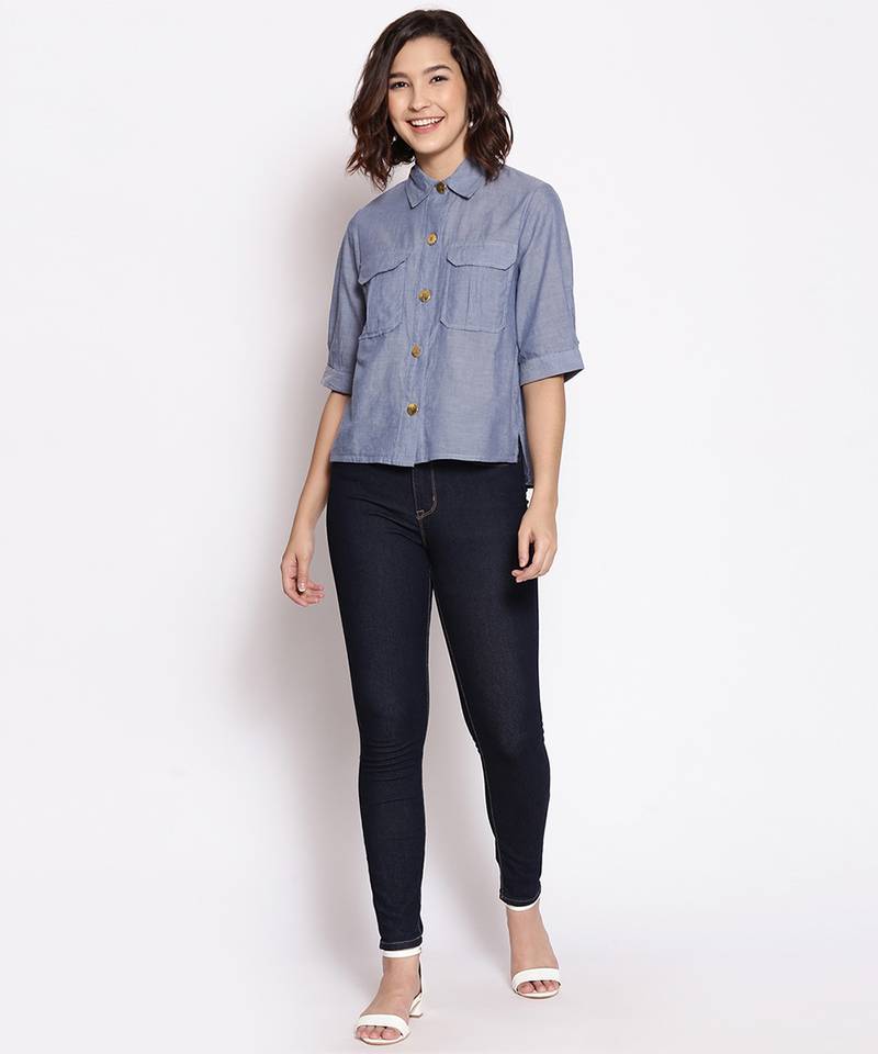 Royal pretty blue button down women top