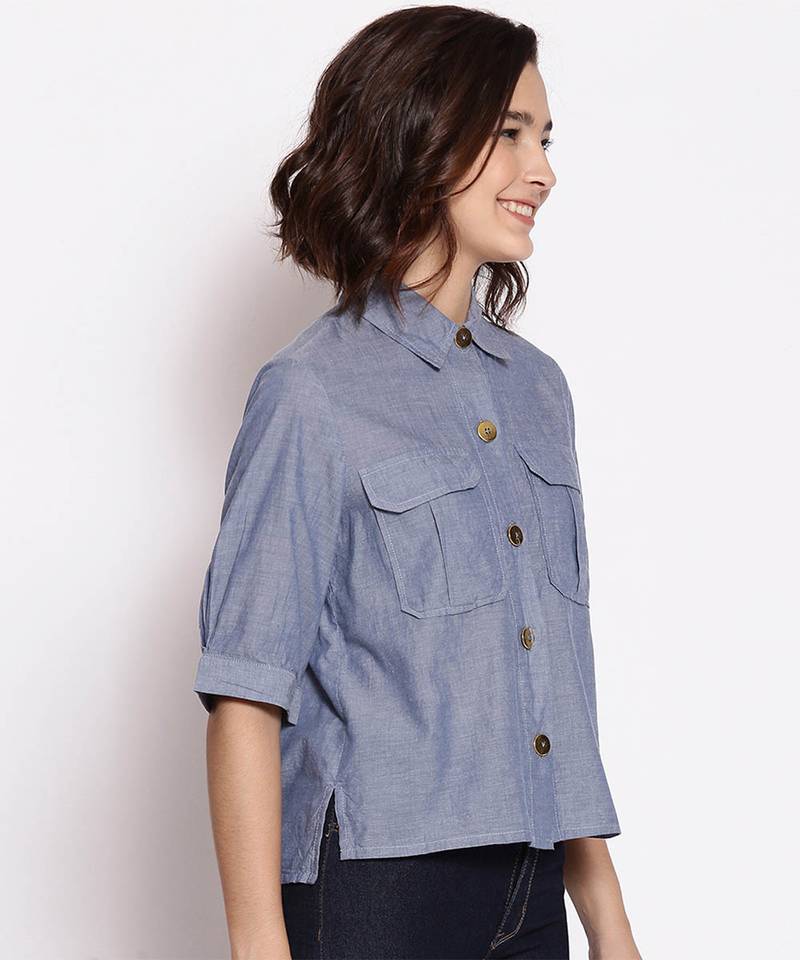Royal pretty blue button down women top