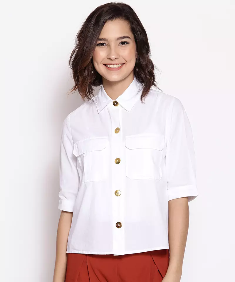 Modish white blew button down women top