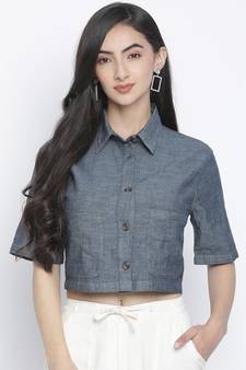 Denim solid womem crop shirt