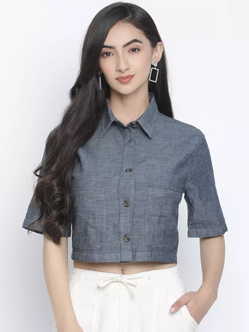 Denim solid womem crop shirt