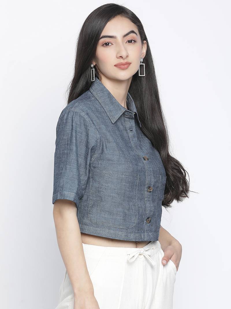 Denim solid womem crop shirt