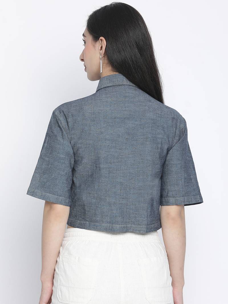Denim solid womem crop shirt