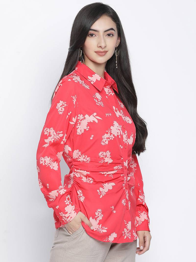 Rizzling red floral print women shirt