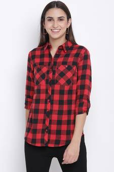 Boho red brush check women shirt