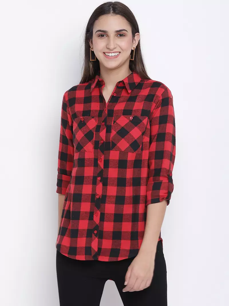 Boho red brush check women shirt