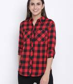 Boho red brush check women shirt