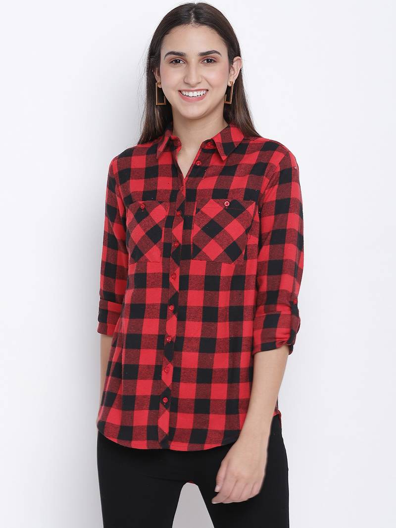 Boho red brush check women shirt