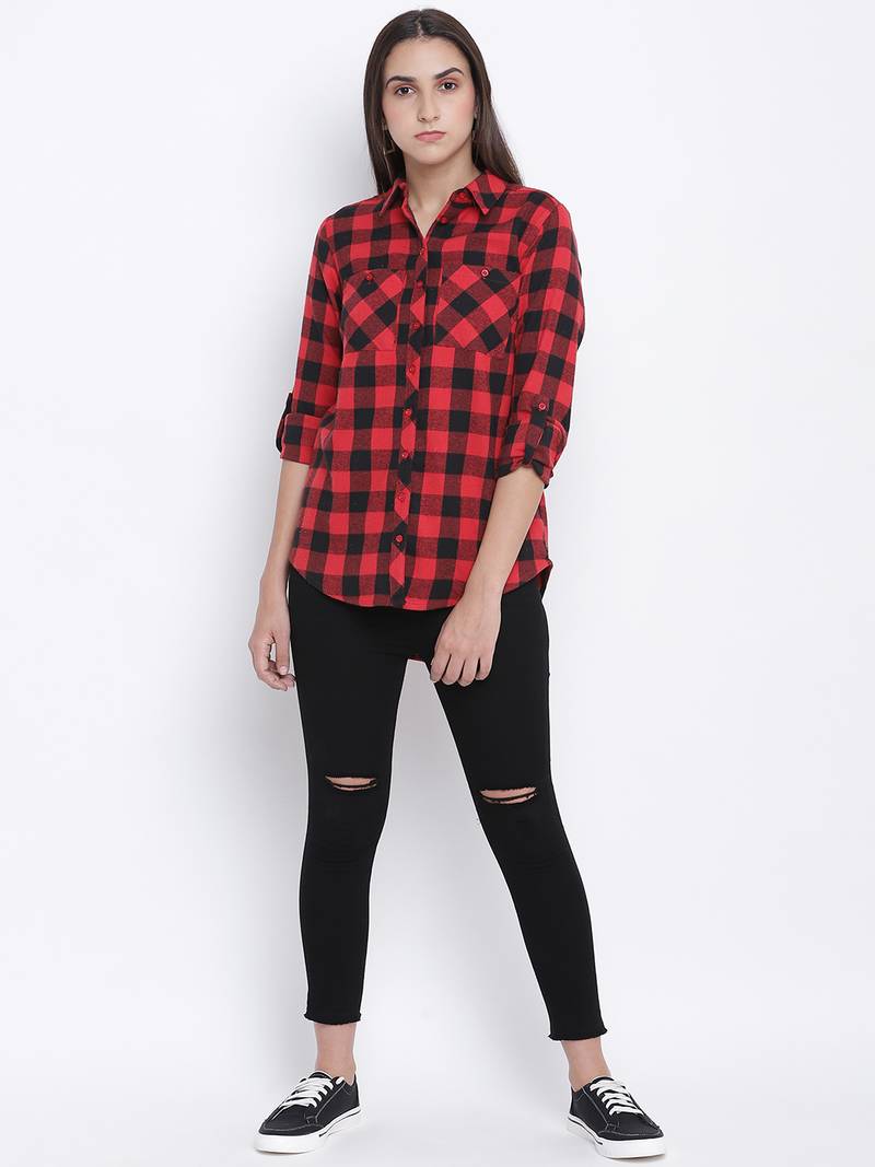 Boho red brush check women shirt