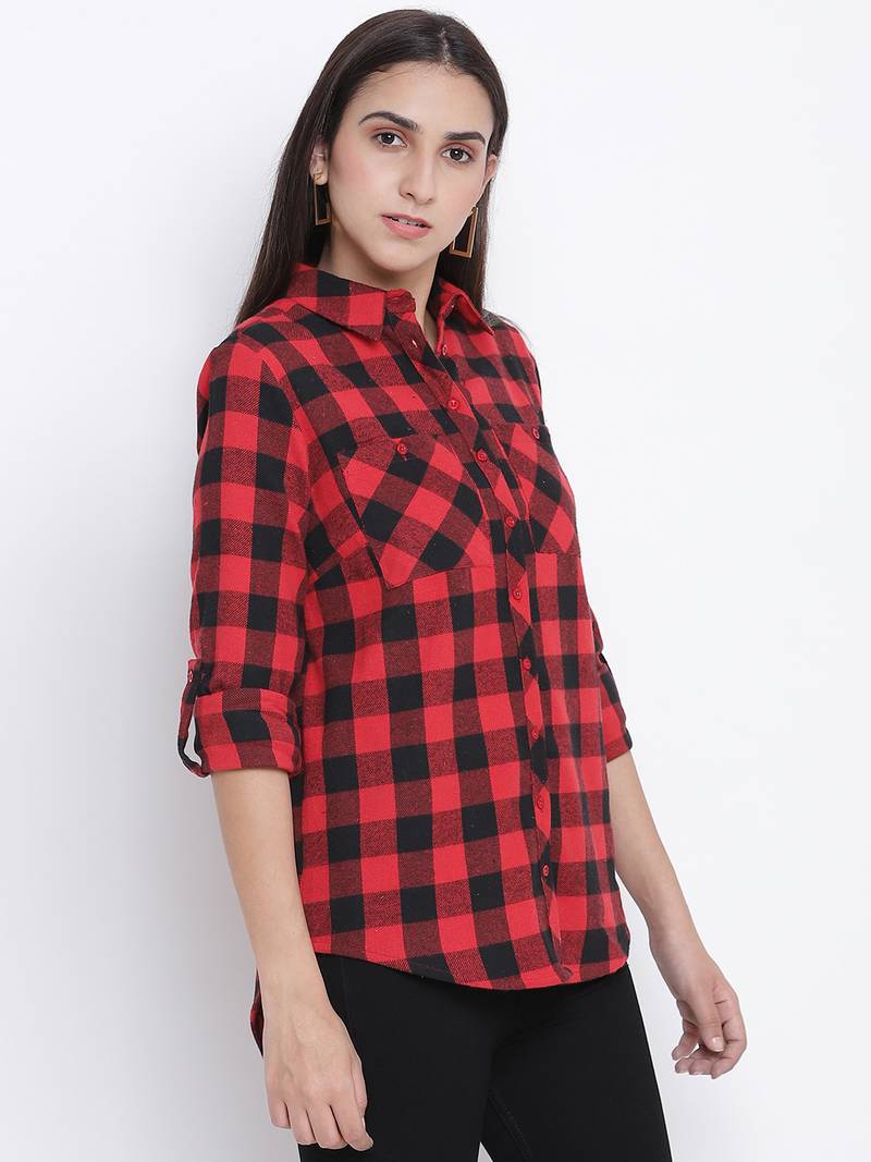 Boho red brush check women shirt