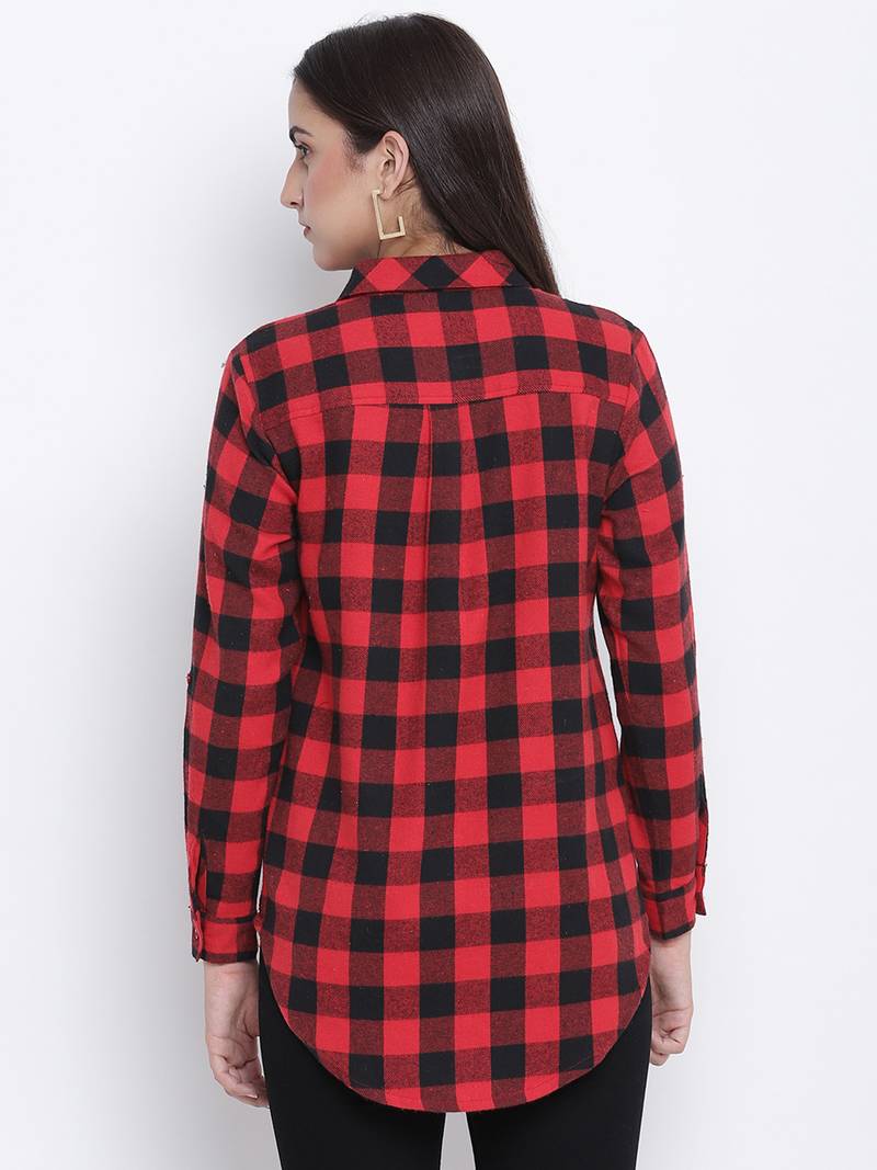 Boho red brush check women shirt