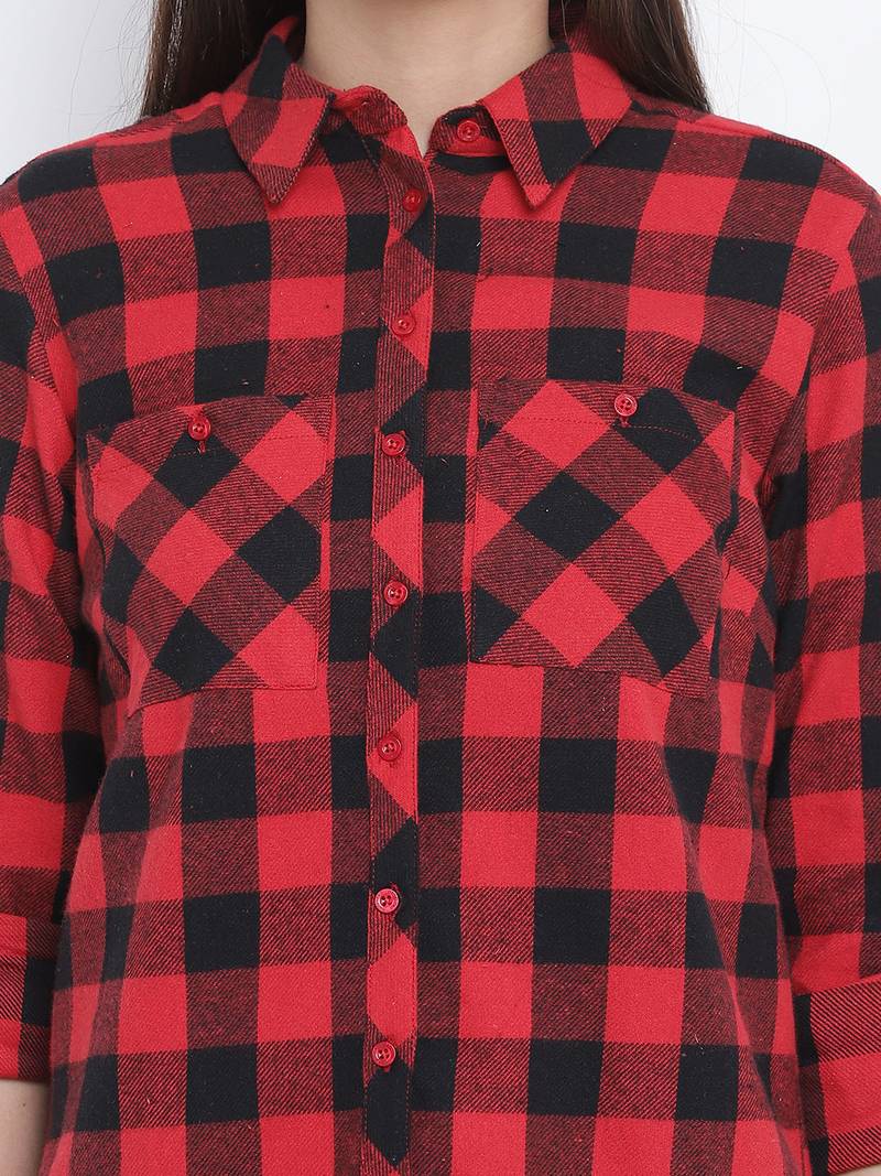 Boho red brush check women shirt