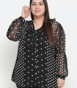 Gazzy black polka print pleated neck tie knot plus size women top