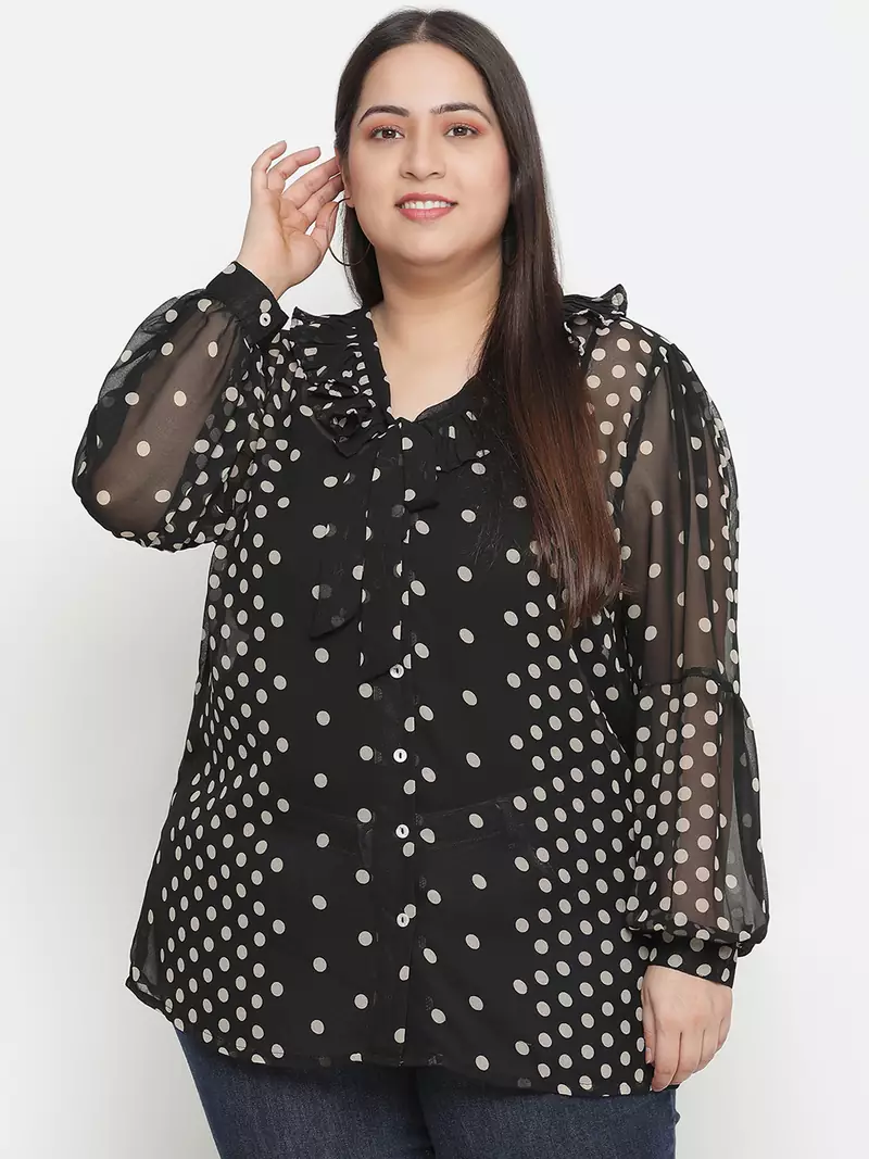 Gazzy black polka print pleated neck tie knot plus size women top