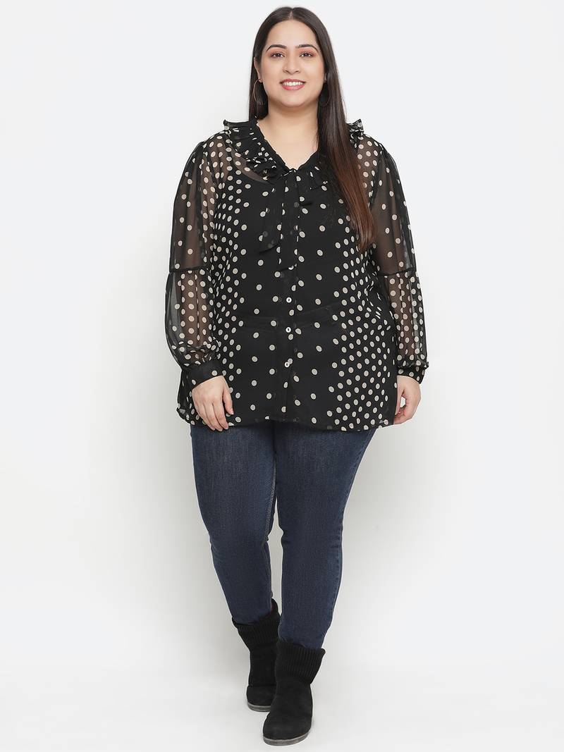 Gazzy black polka print pleated neck tie knot plus size women top