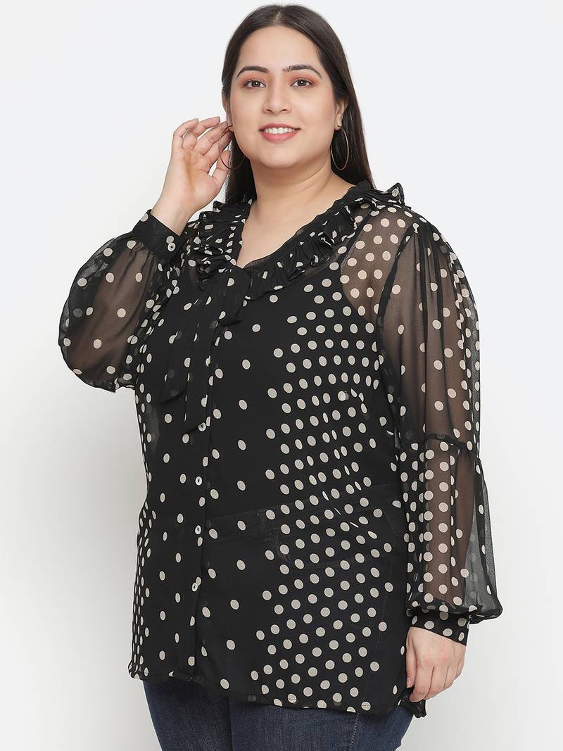 Gazzy black polka print pleated neck tie knot plus size women top
