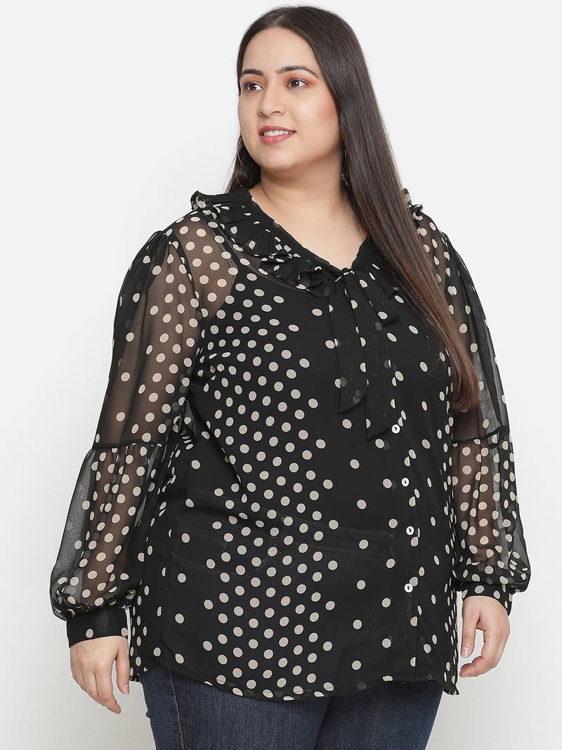 Gazzy black polka print pleated neck tie knot plus size women top