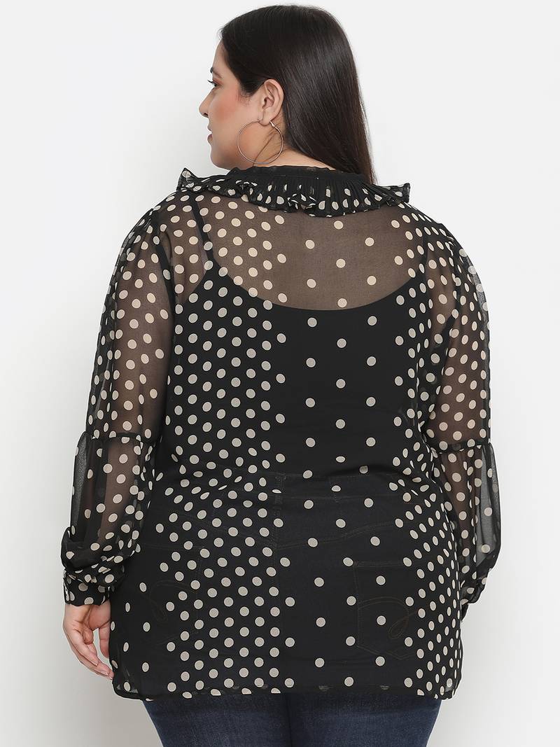 Gazzy black polka print pleated neck tie knot plus size women top