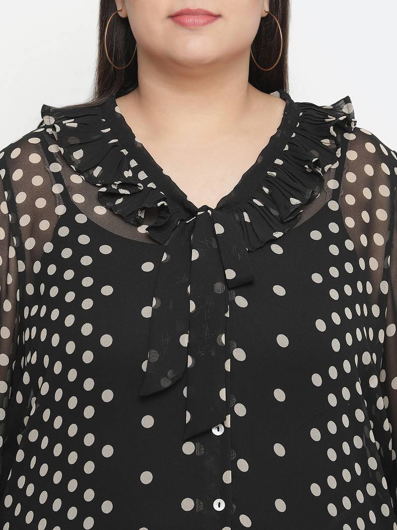 Gazzy black polka print pleated neck tie knot plus size women top