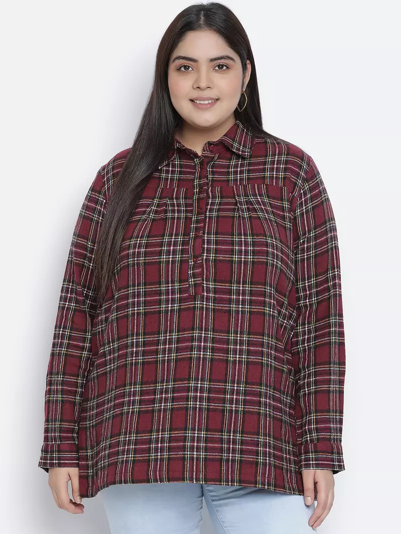Wine vibe brush checxk plus size women tunic