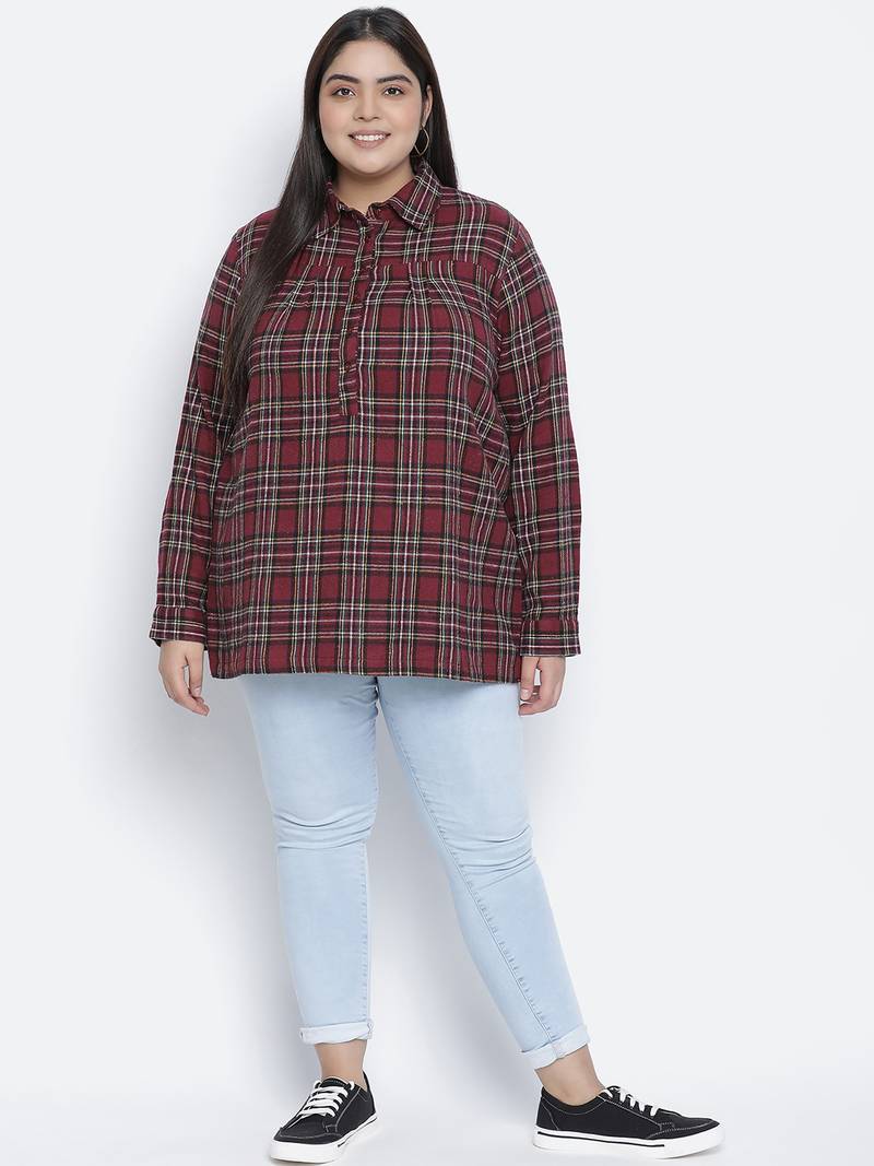 Wine vibe brush checxk plus size women tunic