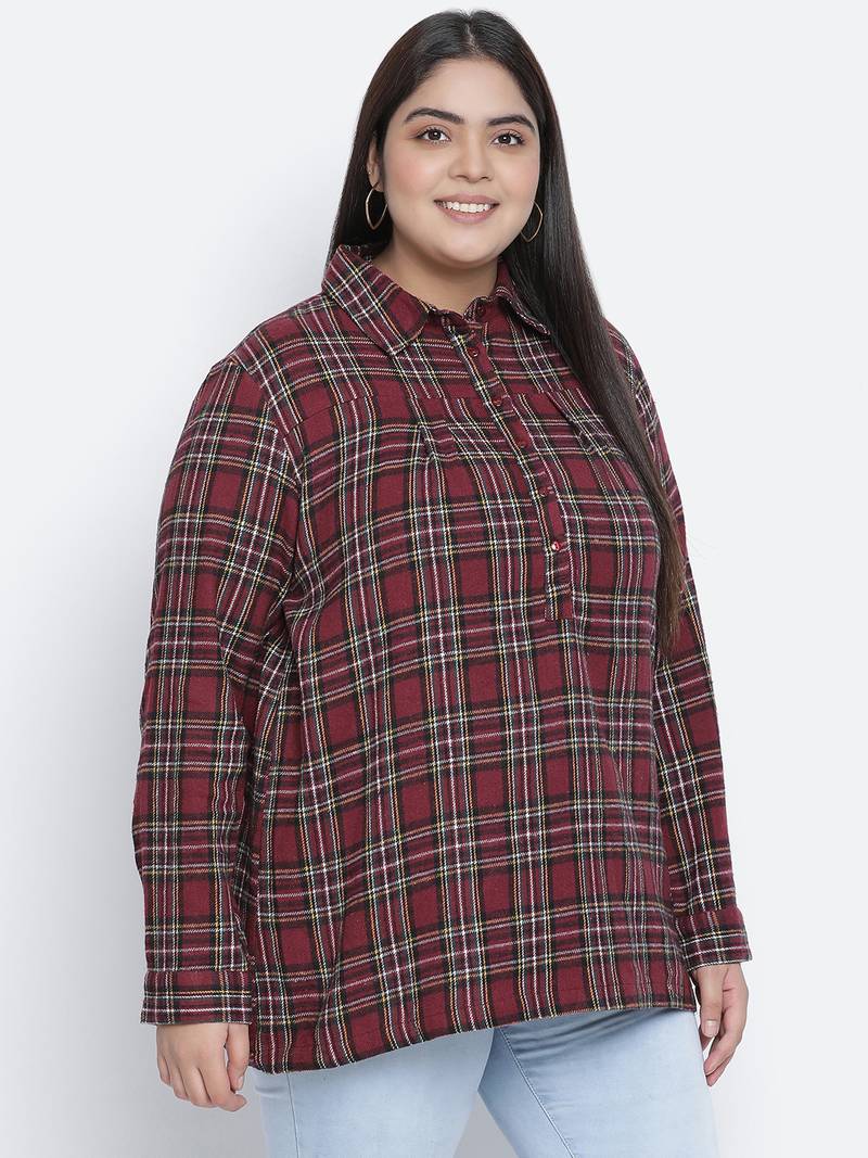 Wine vibe brush checxk plus size women tunic