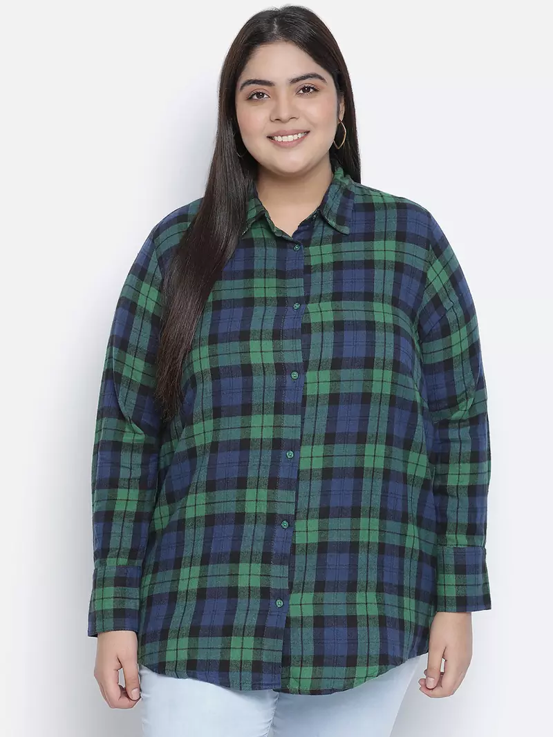 Femnine green brush check women shirt