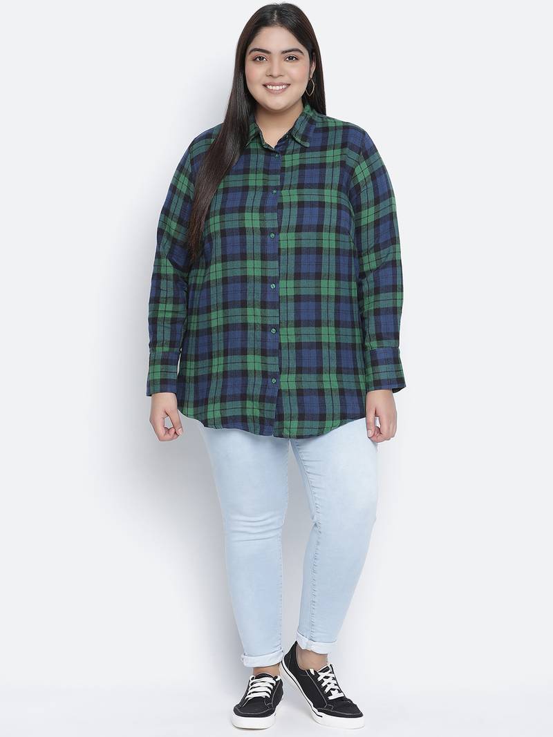 Femnine green brush check women shirt