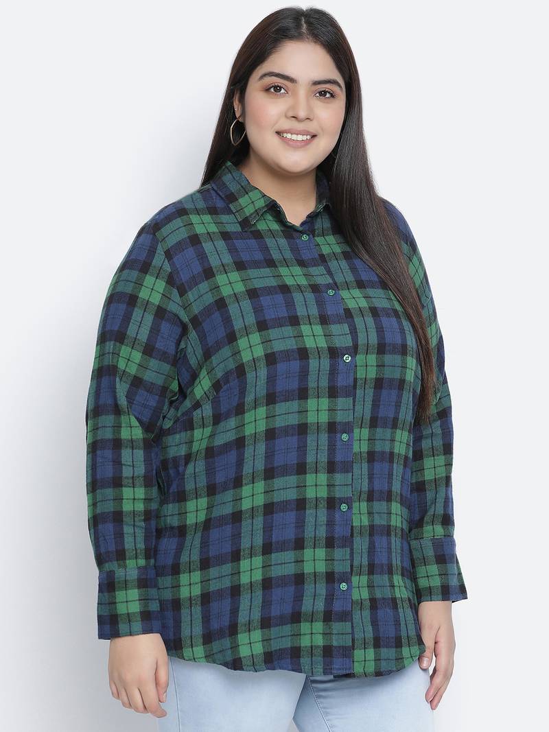 Femnine green brush check women shirt