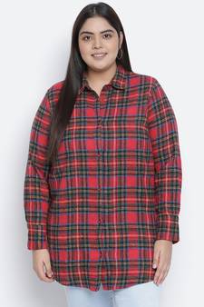 Edgy red brush check plus szie women shirt