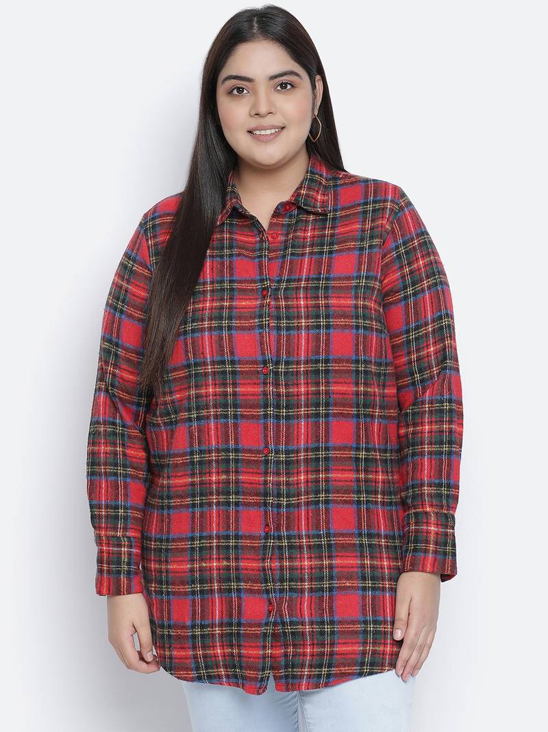 Edgy red brush check plus szie women shirt