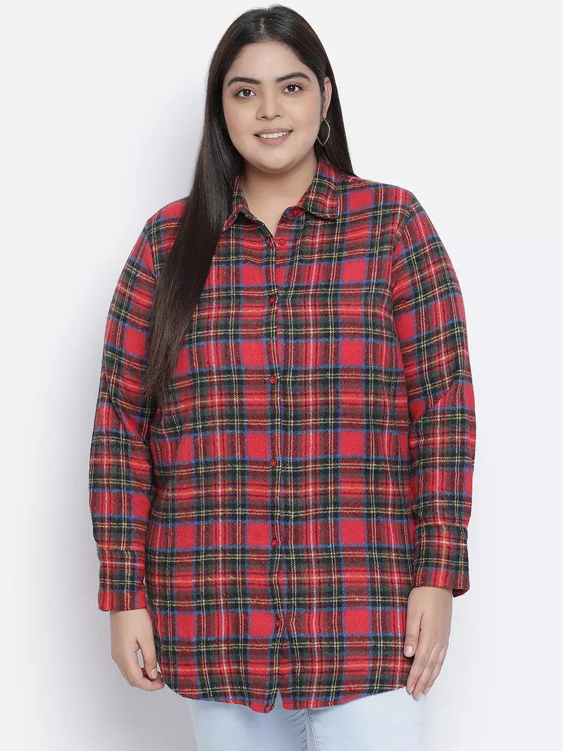 Edgy red brush check plus szie women shirt