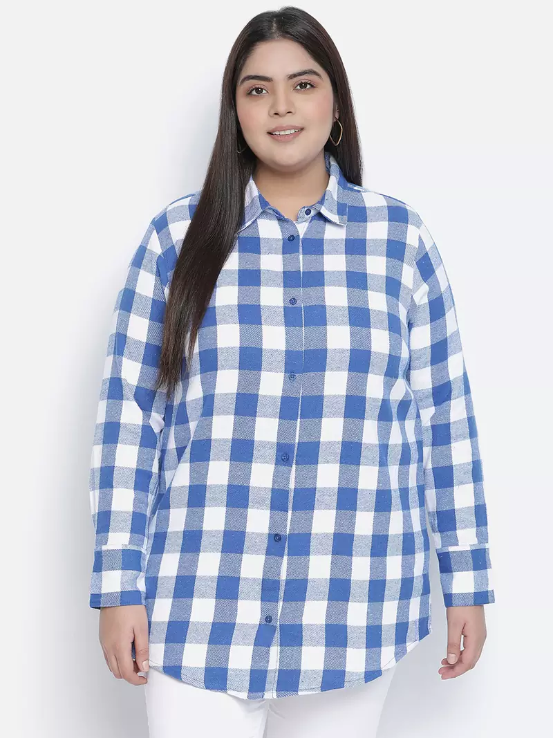 Minimalist blue brush check plus size women shirt
