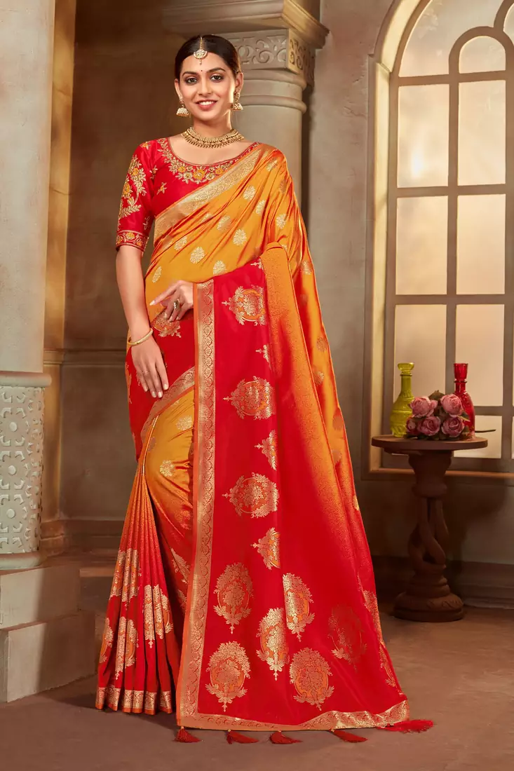 Yellow woven banarasi silk saree 