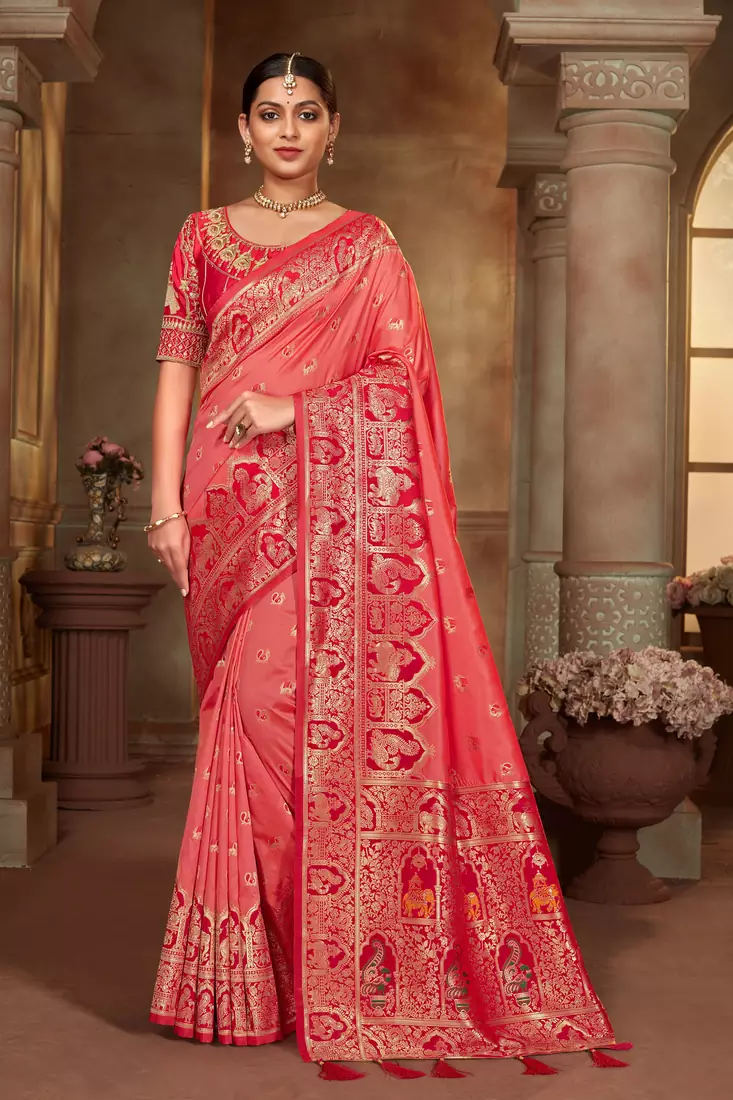 Peach woven banarasi silk saree 