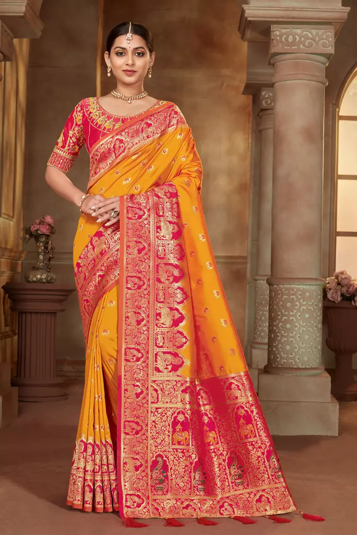 Yellow woven banarasi silk saree 