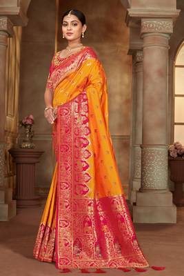 Yellow Woven Banarasi silk blend Saree Without Blouse 2