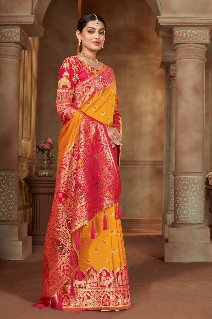Yellow Woven Banarasi silk blend Saree Without Blouse