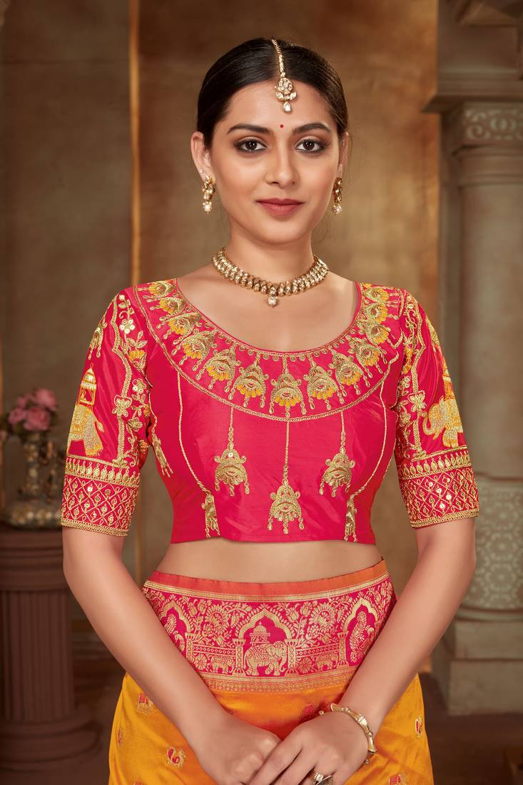 Yellow Woven Banarasi silk blend Saree Without Blouse