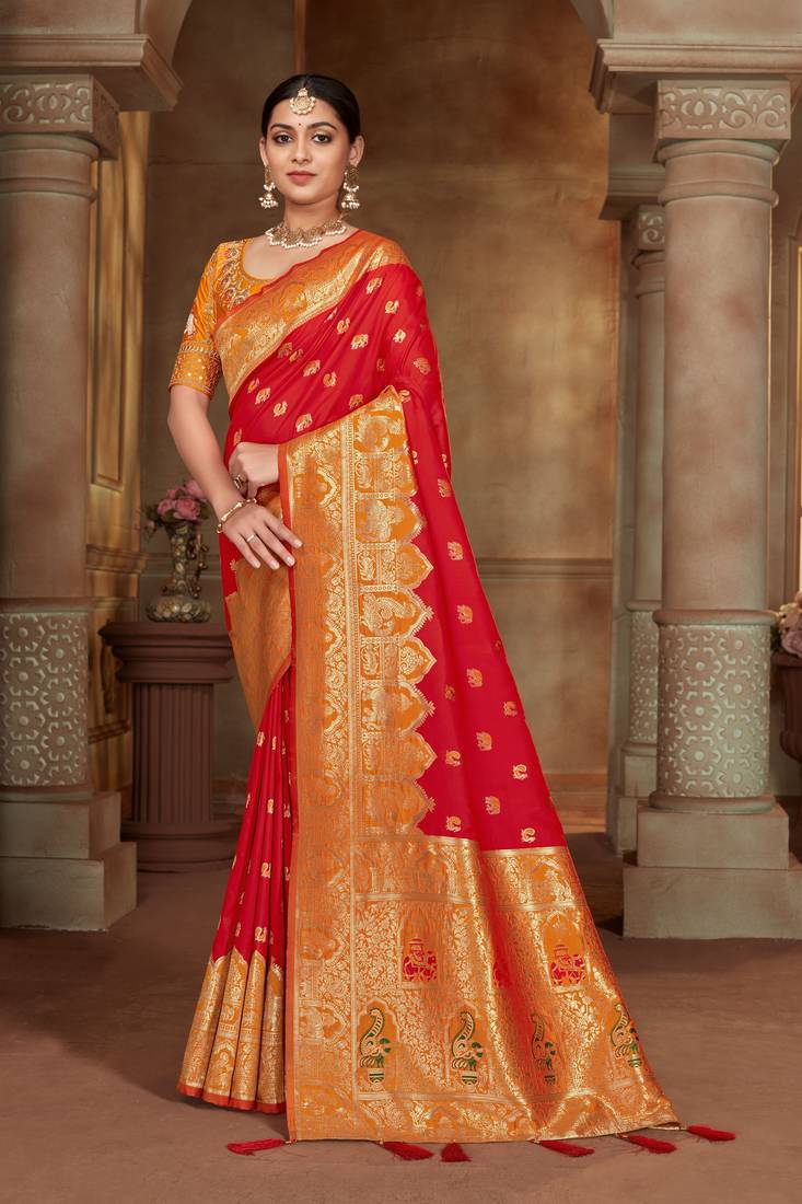Red woven banarasi silk saree 