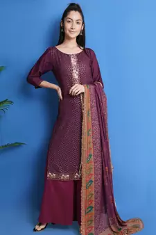 Wine embroidered chiffon salwar