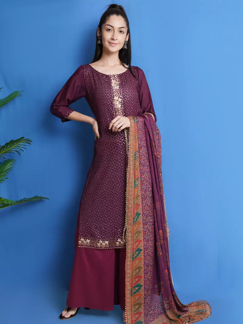 Wine embroidered chiffon salwar
