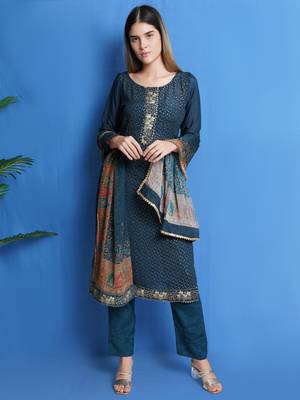 Teal embroidered chiffon salwar 1