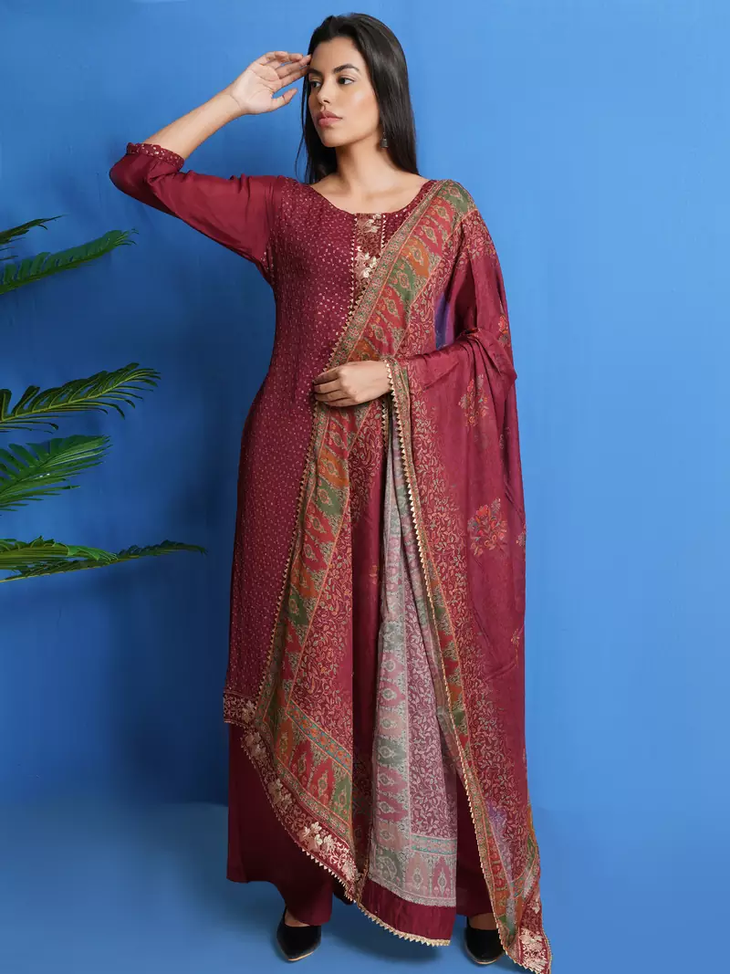 Maroon embroidered chiffon salwar