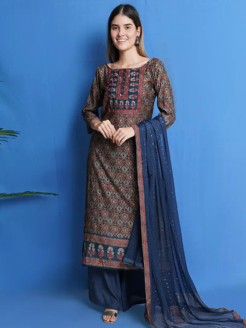 Navy blue digital print pure silk salwar